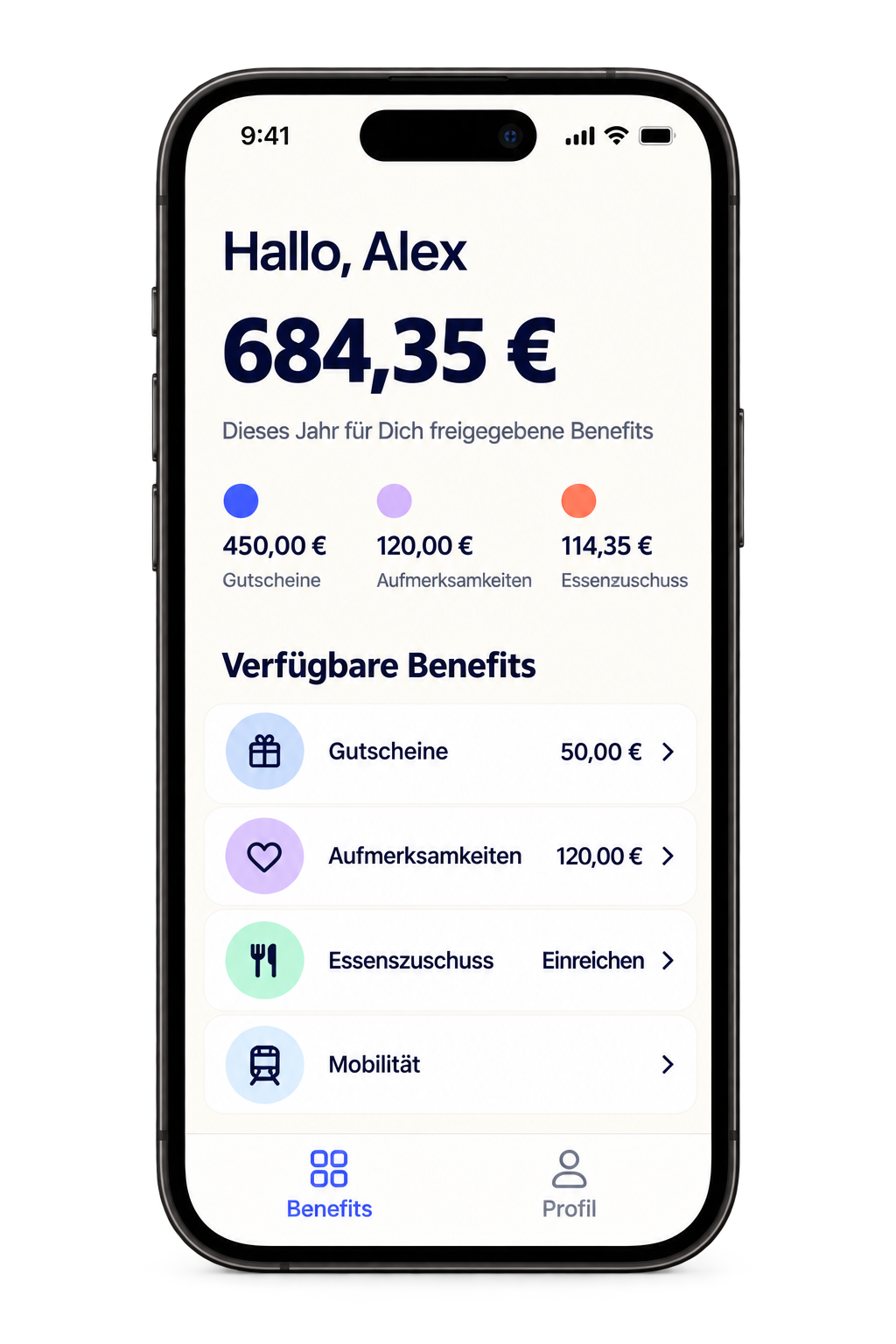 Giver App mit freigegebenem Benefit-Wert, Gutscheinen, persönlichen Aufmerksamkeiten und Essenszuschuss.