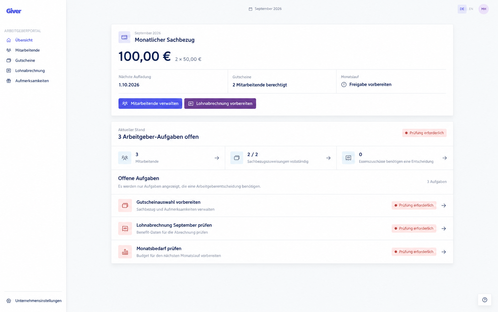 Giver Portal mit monatlichem Sachbezug, Mitarbeitendenzuweisungen und Aufgaben.